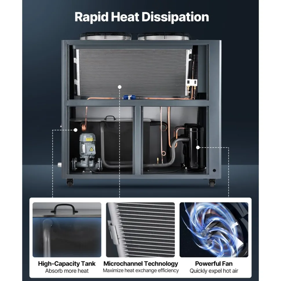 VEVOR Air-Cooled Water Chiller, 12.3 HP, Industrial Water Chiller with 30,240 Kcal/h Cooling Capacity, Dual Compressor, 37 Gal Large Tank, LED Display, Cooler for Cooling Water, Not Air Conditioner