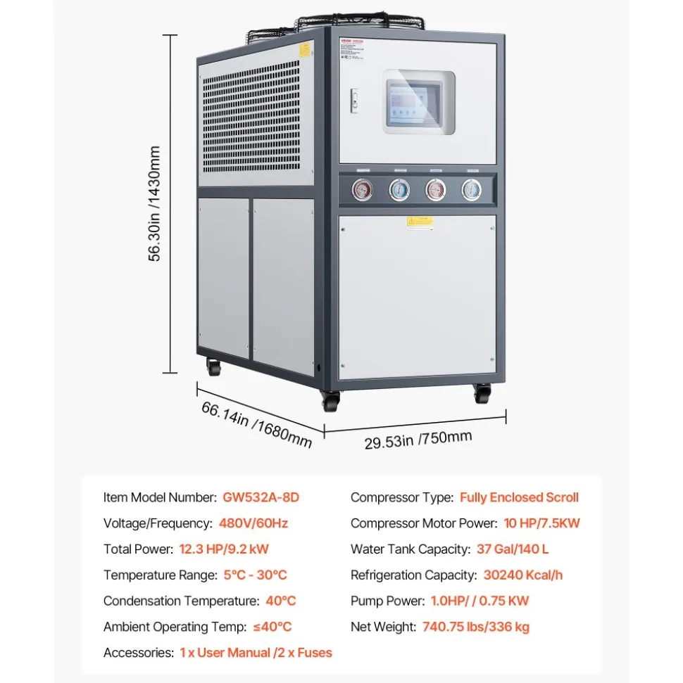 VEVOR Air-Cooled Water Chiller, 12.3 HP, Industrial Water Chiller with 30,240 Kcal/h Cooling Capacity, Dual Compressor, 37 Gal Large Tank, LED Display, Cooler for Cooling Water, Not Air Conditioner