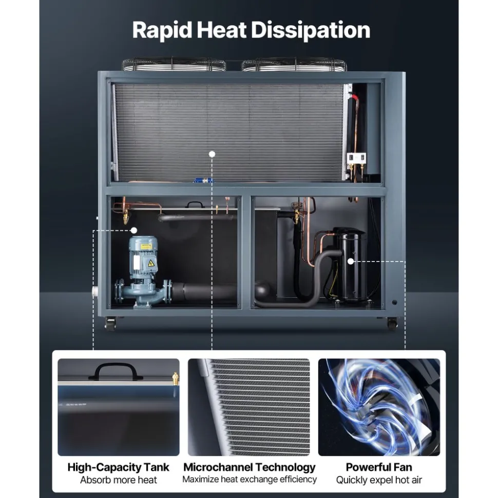 VEVOR Air-Cooled Water Chiller, 16.67 HP, Industrial Water Chiller with 45,360 Kcal/h Cooling Capacity, Dual Compressor, 53 Gal Large Tank, LED Display, Cooler for Cooling Water, Not Air Conditioner