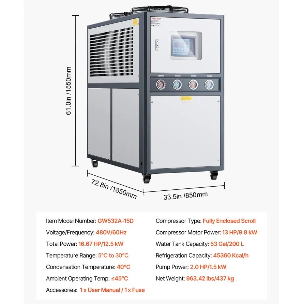 VEVOR Air-Cooled Water Chiller, 16.67 HP, Industrial Water Chiller with 45,360 Kcal/h Cooling Capacity, Dual Compressor, 53 Gal Large Tank, LED Display, Cooler for Cooling Water, Not Air Conditioner