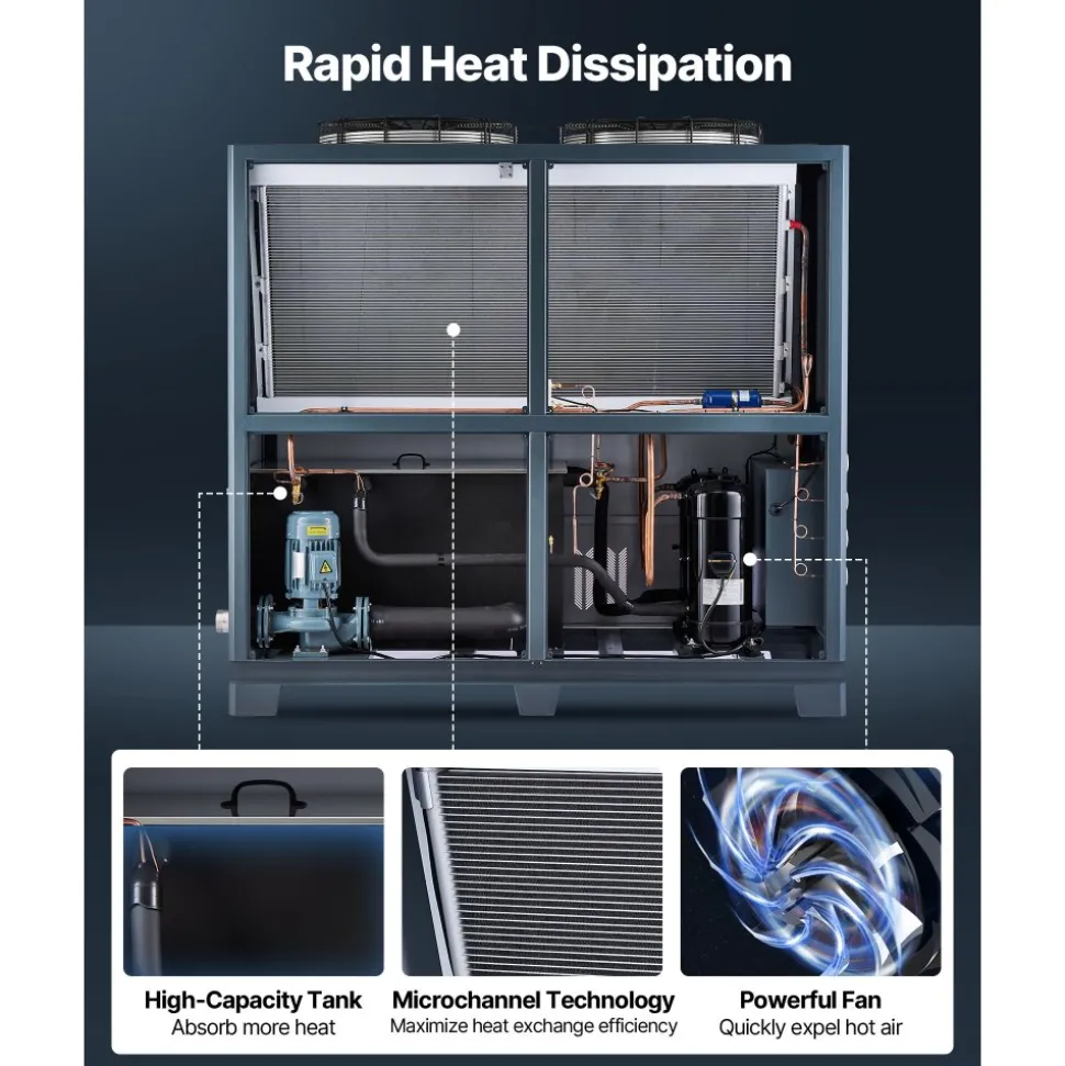VEVOR Air-Cooled Water Chiller, 25 HP, Industrial Water Chiller with 60,480 Kcal/h Cooling Capacity, Dual Compressor, 53 Gal Large Tank, LED Display, Cooler for Cooling Water, Not Air Conditioner