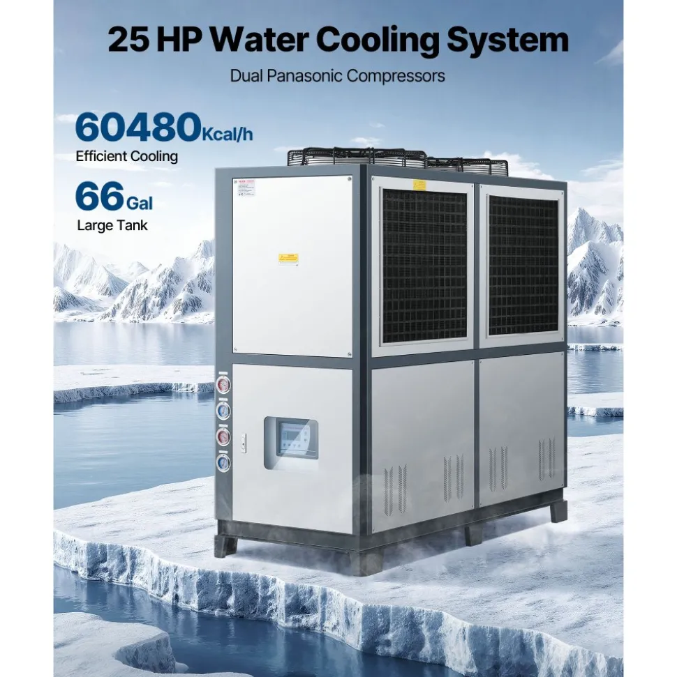 VEVOR Air-Cooled Water Chiller, 25 HP, Industrial Water Chiller with 60,480 Kcal/h Cooling Capacity, Dual Compressor, 53 Gal Large Tank, LED Display, Cooler for Cooling Water, Not Air Conditioner