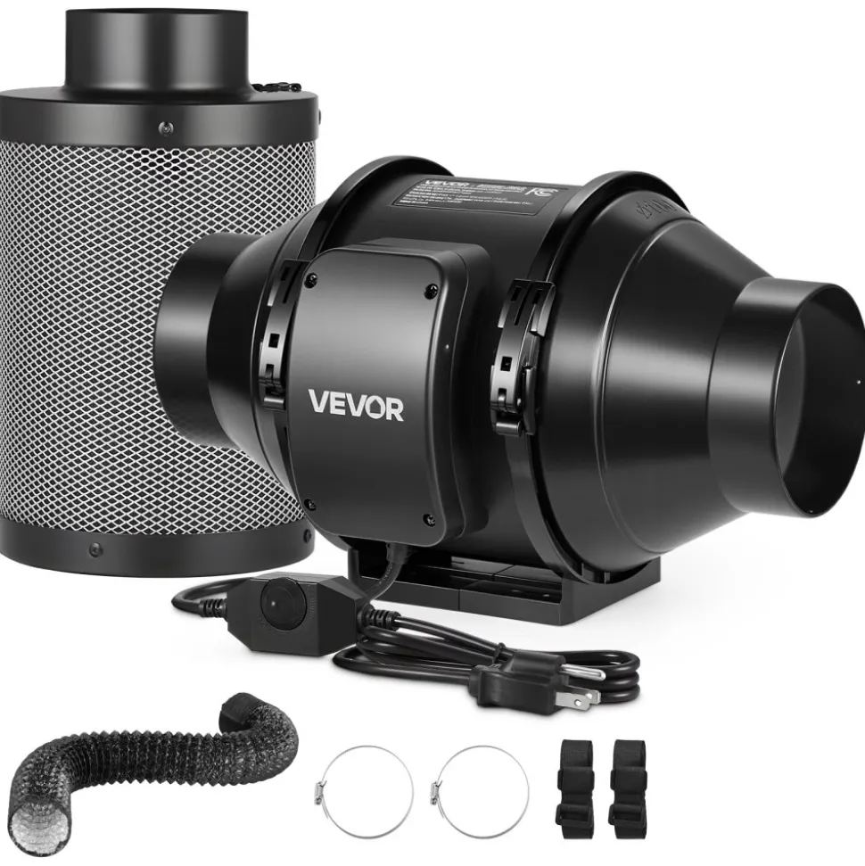 VEVOR 4" Air Filtration Kit, 180 CFM Inline Duct Fan with Speed Controller, Carbon Filter & Ducting Ventilation System for Heating Cooling Booster, Grow Tents, Hydroponics