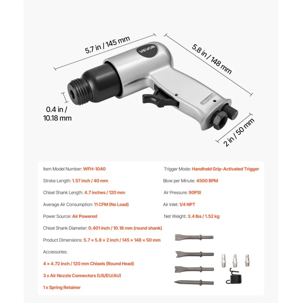 VEVOR Air Hammer, 4500BPM Pneumatic Hammer with Rust Removal Air Needle Scaler & 4PCS Chisels Round Shank, Lightweight & Compact Air Chisel Pneumatic Shovel Tool for Cutting Scraping Demolishing