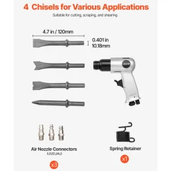VEVOR Air Hammer, 4500BPM Pneumatic Hammer with Rust Removal Air Needle Scaler & 4PCS Chisels Round Shank, Lightweight & Compact Air Chisel Pneumatic Shovel Tool for Cutting Scraping Demolishing