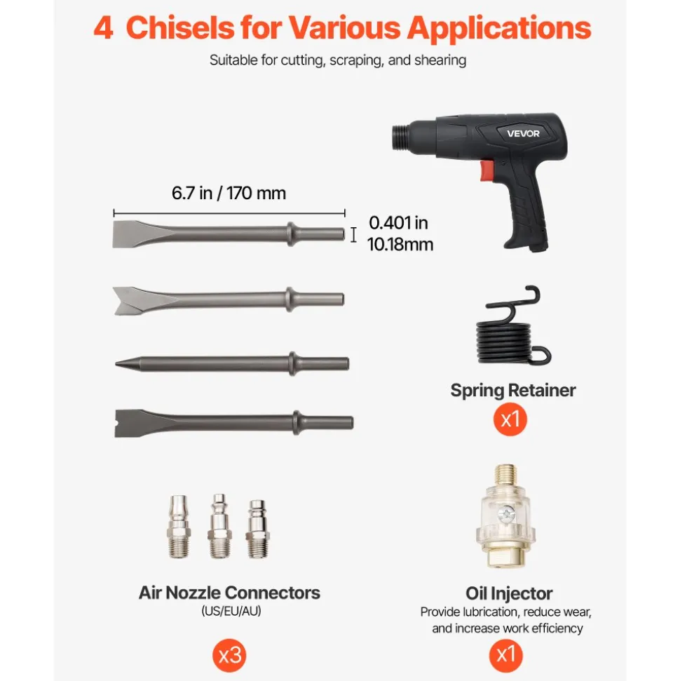 VEVOR Air Hammer, 2500-2700BPM Pneumatic Hammer with 2.76-inch Stroke & 4PCS 6.7" Long Barrel Chisels, Pistol-Grip Compact Air Chisel Pneumatic Shovel Tool for Cutting Scraping Demolishing
