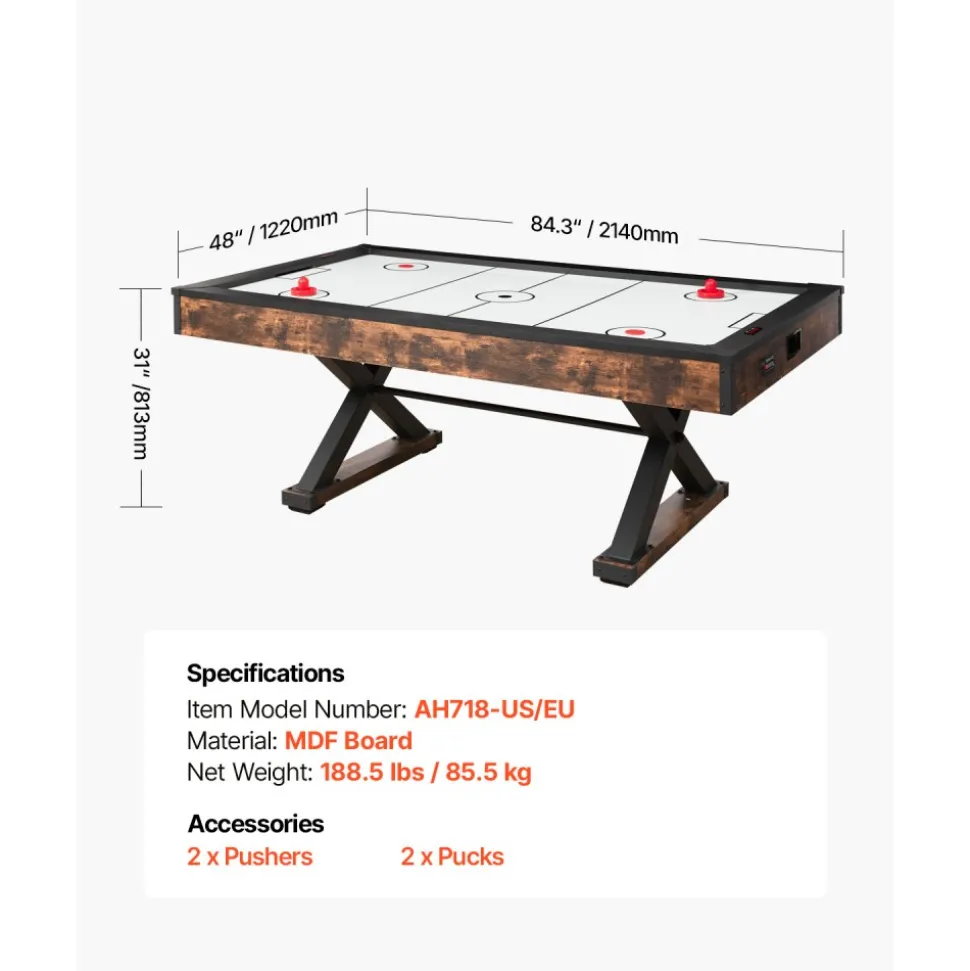 VEVOR 84" Air Hockey Table, Indoor Arcade Table Gaming Set with 2 Pushers, 2 Pucks, Electronic Scorer, X-shaped Legs & High-powered Blower, Air Powered Hockey Game Table for Family Game Room Office