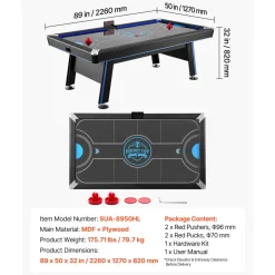 VEVOR 89" Air Hockey Table with LED Lights & Electronic Scorer, for Family Game Room, Basements, Home, Air Powered Hockey Arcade Game Table Set with High-powered Blower, Stable H-shaped Leg