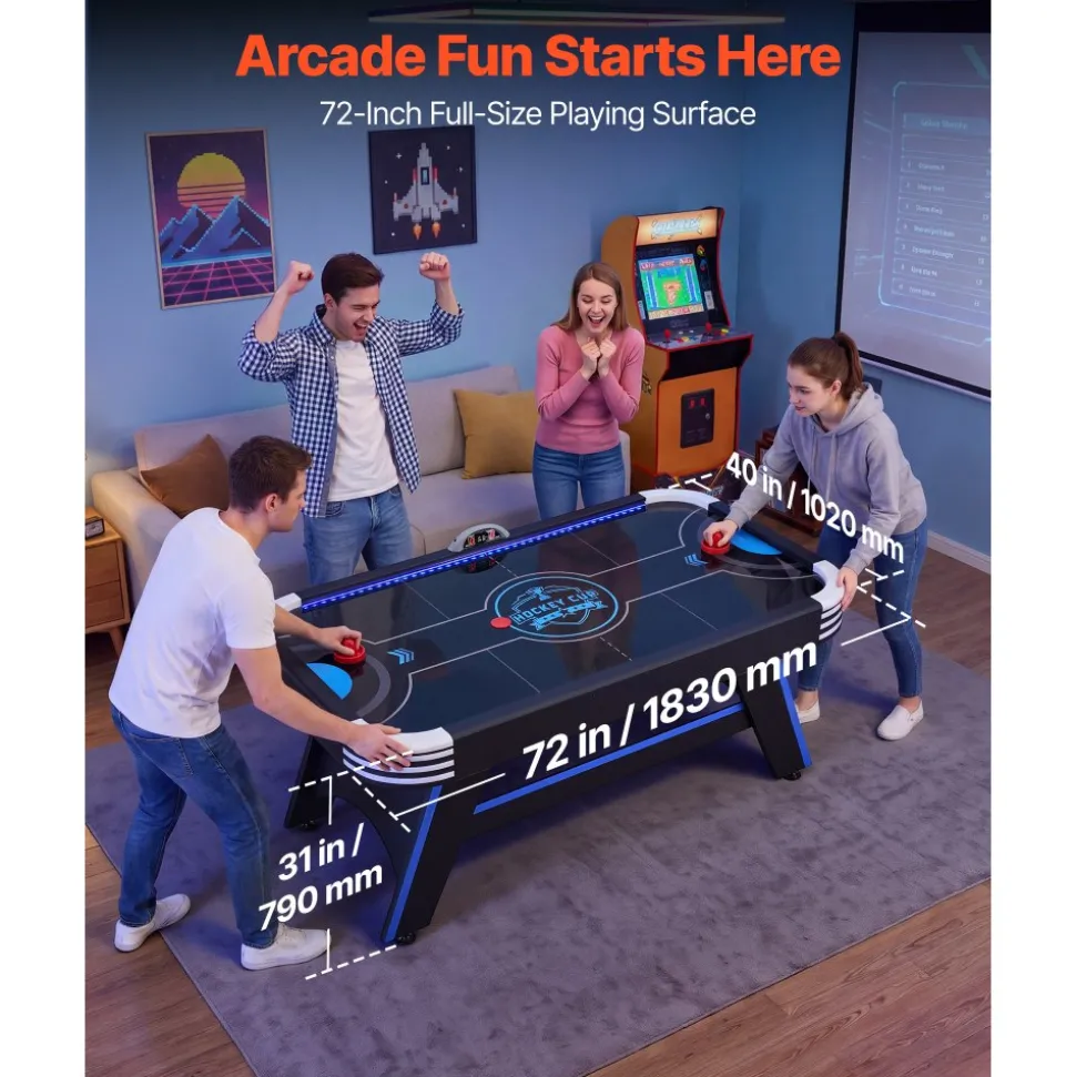 VEVOR 72" Air Hockey Table with LED Lights & Electronic Scorer, for Family Game Room, Basements and Home, Air Powered Hockey Arcade Game Table Set with High-powered Blower, Stable Leg