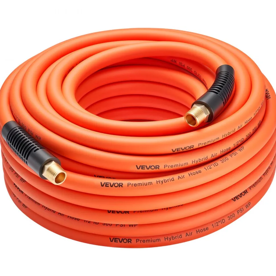 VEVOR Air Hose, 1/2" x 50FT Hybrid Air Compressor Hose, 300 PSI Kink-Resistant Pneumatic Hoses with 1/2-inch Solid MNPT Bras Fittings, Three-Layer Construction, All-Weather Flexibility