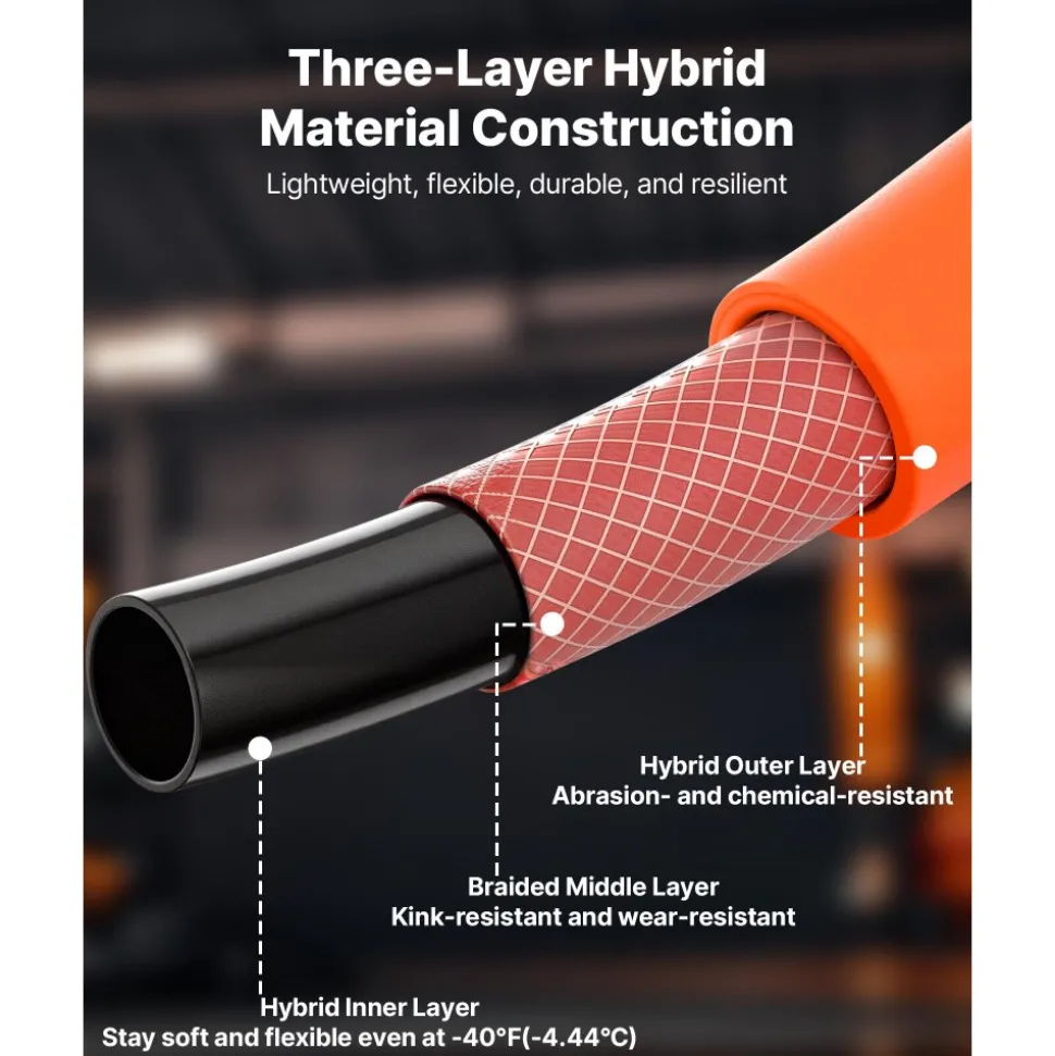 VEVOR Air Hose, 1/2" x 50FT Hybrid Air Compressor Hose, 300 PSI Kink-Resistant Pneumatic Hoses with 1/2-inch Solid MNPT Bras Fittings, Three-Layer Construction, All-Weather Flexibility
