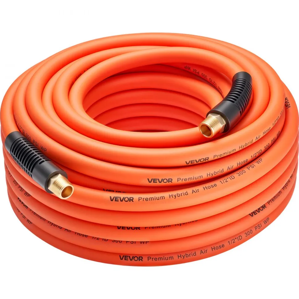 VEVOR Air Hose, 1/2" x 50FT Hybrid Air Compressor Hose, 300 PSI Kink-Resistant Pneumatic Hoses with 1/2-inch Solid MNPT Bras Fittings, Three-Layer Construction, All-Weather Flexibility