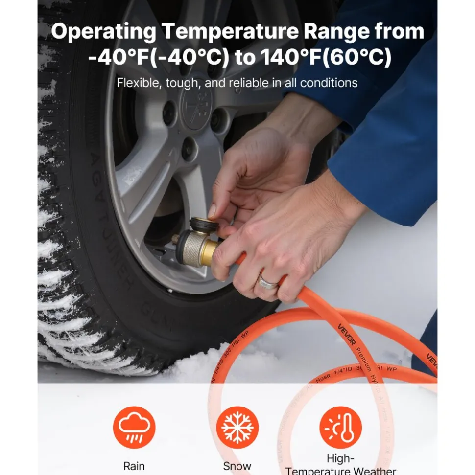 VEVOR Air Hose, 1/4" x 100FT Hybrid Air Compressor Hose, 300 PSI Kink-Resistant Pneumatic Hoses with 1/4-inch Solid MNPT Bras Fittings, Three-Layer Construction, All-Weather Flexibility