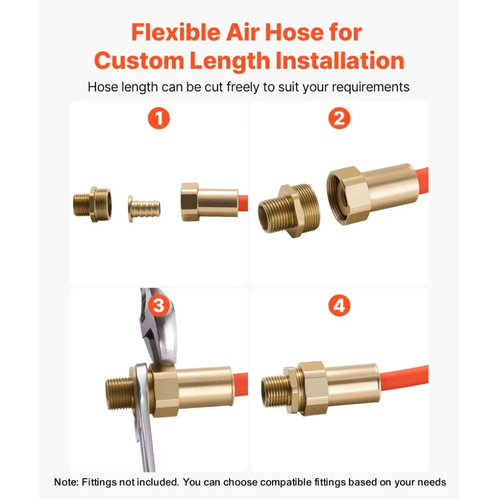 VEVOR Air Hose, 1/4" x 100FT Hybrid Air Compressor Hose, 300 PSI Kink-Resistant Pneumatic Hoses with 1/4-inch Solid MNPT Bras Fittings, Three-Layer Construction, All-Weather Flexibility