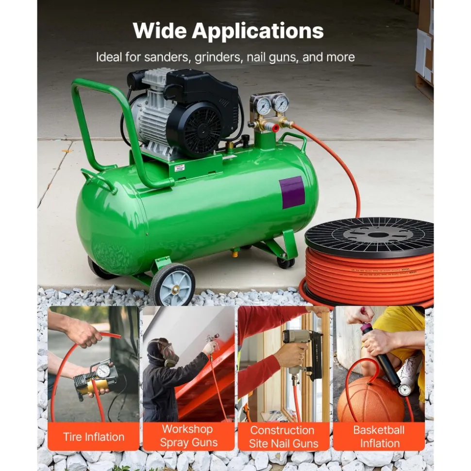 VEVOR Air Hose, 1/4" x 100FT Hybrid Air Compressor Hose, 300 PSI Kink-Resistant Pneumatic Hoses with 1/4-inch Solid MNPT Bras Fittings, Three-Layer Construction, All-Weather Flexibility