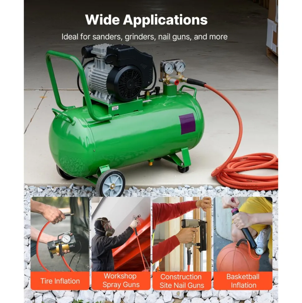 VEVOR Air Hose, 3/8'' x 50FT Rubber Air Compressor Hose, 300 PSI Kink-Resistant Pneumatic Hoses with 1/4-inch Solid MNPT Bras Fittings, Three-Layer Construction, All-Weather Flexibility