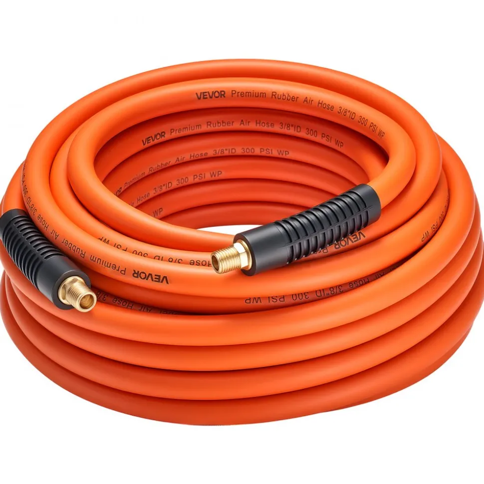 VEVOR Air Hose, 3/8'' x 50FT Rubber Air Compressor Hose, 300 PSI Kink-Resistant Pneumatic Hoses with 1/4-inch Solid MNPT Bras Fittings, Three-Layer Construction, All-Weather Flexibility