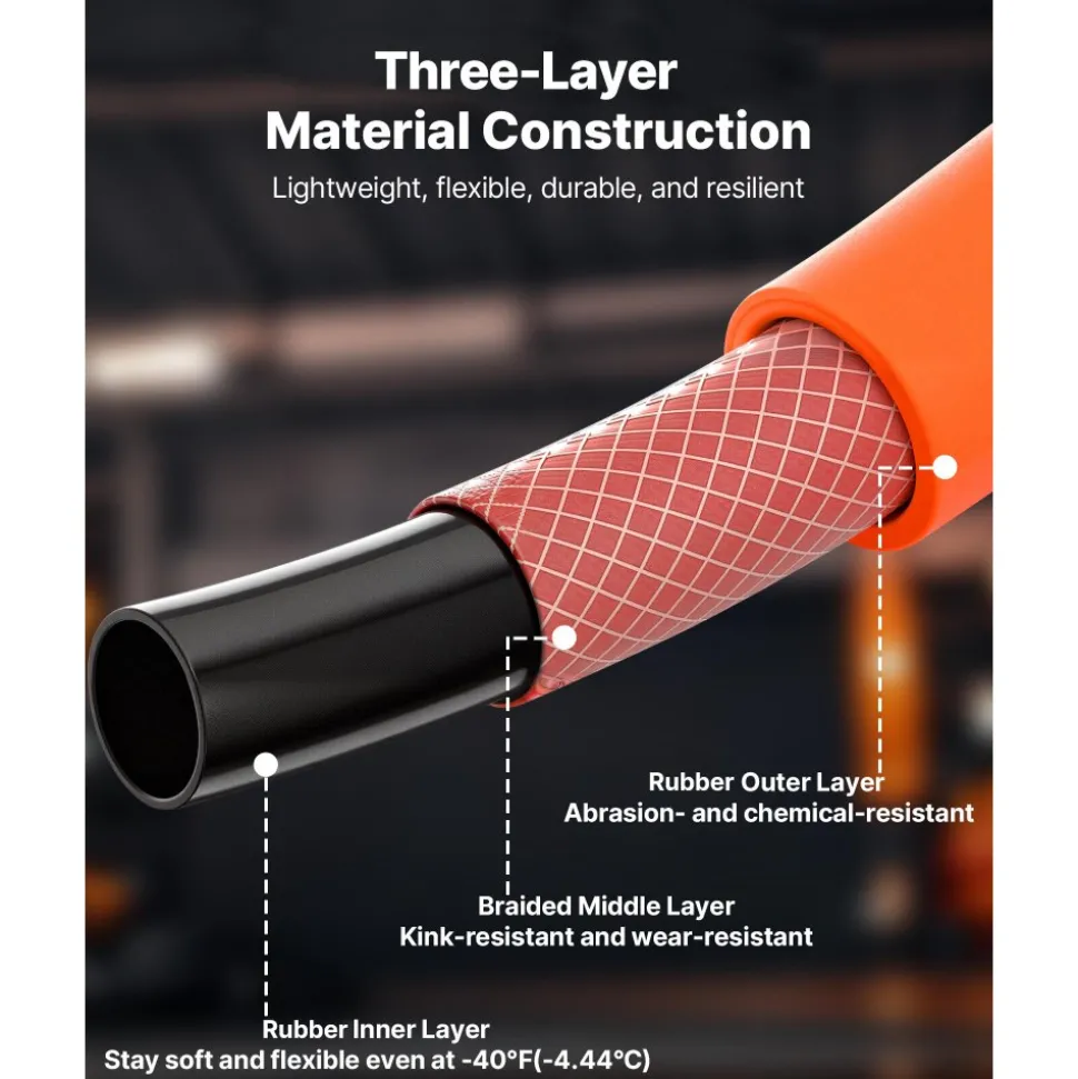 VEVOR Air Hose, 3/8'' x 50FT Rubber Air Compressor Hose, 300 PSI Kink-Resistant Pneumatic Hoses with 1/4-inch Solid MNPT Bras Fittings, Three-Layer Construction, All-Weather Flexibility