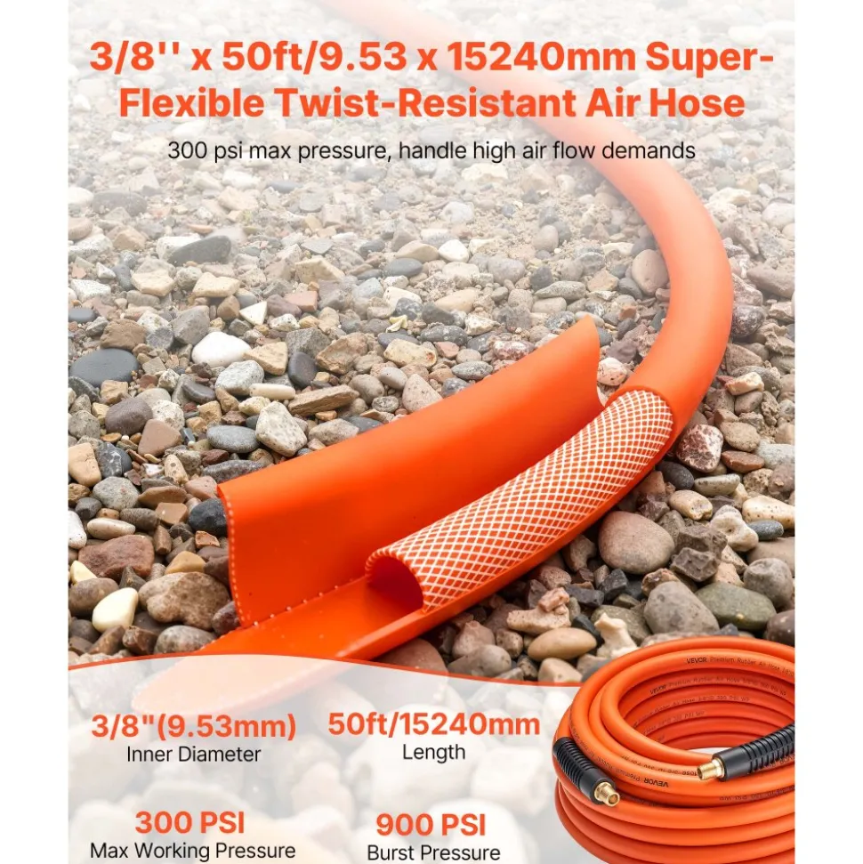 VEVOR Air Hose, 3/8'' x 50FT Rubber Air Compressor Hose, 300 PSI Kink-Resistant Pneumatic Hoses with 1/4-inch Solid MNPT Bras Fittings, Three-Layer Construction, All-Weather Flexibility