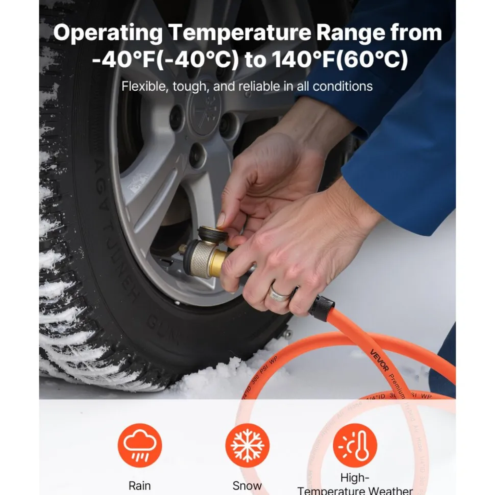 VEVOR Air Hose, 3/8'' x 50FT Rubber Air Compressor Hose, 300 PSI Kink-Resistant Pneumatic Hoses with 1/4-inch Solid MNPT Bras Fittings, Three-Layer Construction, All-Weather Flexibility