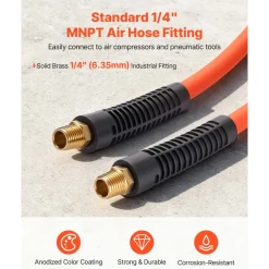 VEVOR Air Hose, 3/8'' x 50FT Rubber Air Compressor Hose, 300 PSI Kink-Resistant Pneumatic Hoses with 1/4-inch Solid MNPT Bras Fittings, Three-Layer Construction, All-Weather Flexibility