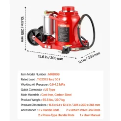 VEVOR Air Hydraulic Bottle Jack, 50 Ton (110231.5 lbs) Capacity, 10.4-16.1 Inch Lifting Range, Pneumatic/Manual Heavy Duty Welded Bottle Jack with Pump for Car, SUV, Pickup, Truck, RV Auto Repair, Red