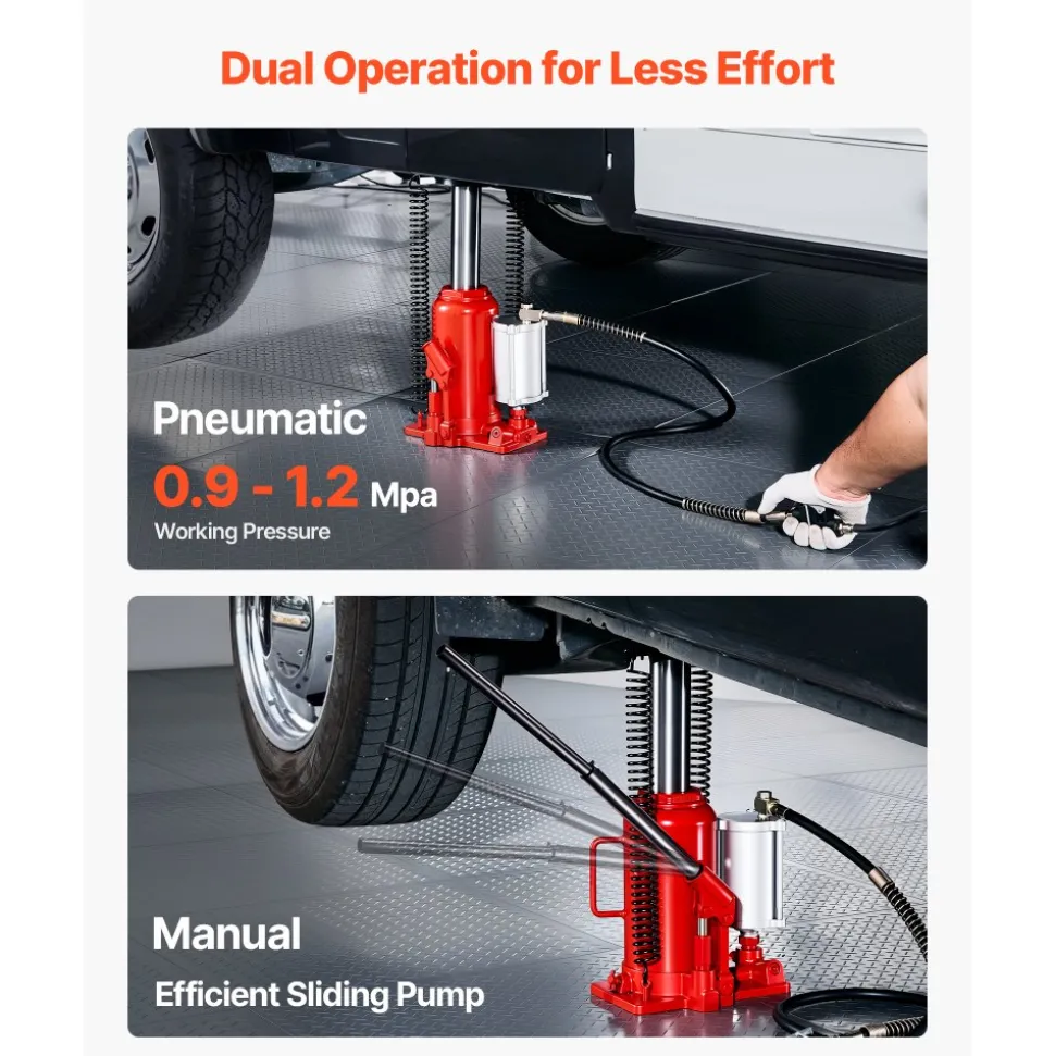 VEVOR Air Hydraulic Bottle Jack, 20 Ton (44092 lbs) Capacity, 10.2-19.5 Inch Lifting Range, Pneumatic/Manual Heavy Duty Welded Bottle Jack with Pump for Car, SUV, Pickup, Truck, RV, Auto Repair, Red