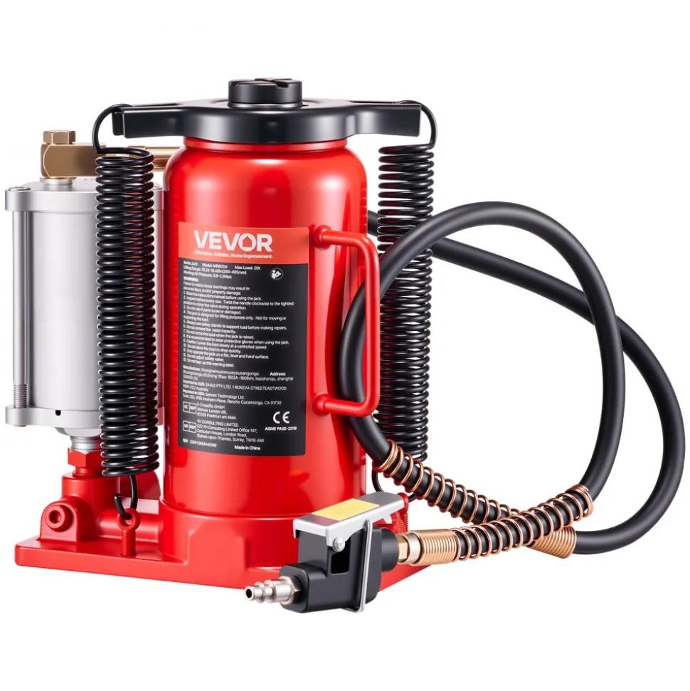 VEVOR Air Hydraulic Bottle Jack, 20 Ton (44092 lbs) Capacity, 10.2-19.5 Inch Lifting Range, Pneumatic/Manual Heavy Duty Welded Bottle Jack with Pump for Car, SUV, Pickup, Truck, RV, Auto Repair, Red