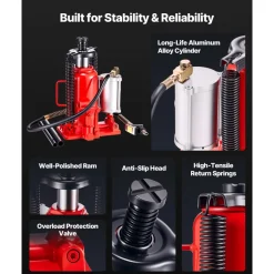 VEVOR Air Hydraulic Bottle Jack, 20 Ton (44092 lbs) Capacity, 10.2-19.5 Inch Lifting Range, Pneumatic/Manual Heavy Duty Welded Bottle Jack with Pump for Car, SUV, Pickup, Truck, RV, Auto Repair, Red