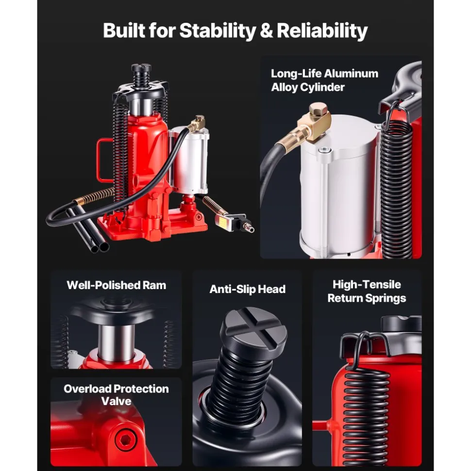 VEVOR Air Hydraulic Bottle Jack, 20 Ton (44092 lbs) Capacity, 10.2-19.5 Inch Lifting Range, Pneumatic/Manual Heavy Duty Welded Bottle Jack with Pump for Car, SUV, Pickup, Truck, RV, Auto Repair, Red