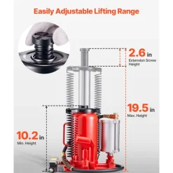 VEVOR Air Hydraulic Bottle Jack, 20 Ton (44092 lbs) Capacity, 10.2-19.5 Inch Lifting Range, Pneumatic/Manual Heavy Duty Welded Bottle Jack with Pump for Car, SUV, Pickup, Truck, RV, Auto Repair, Red