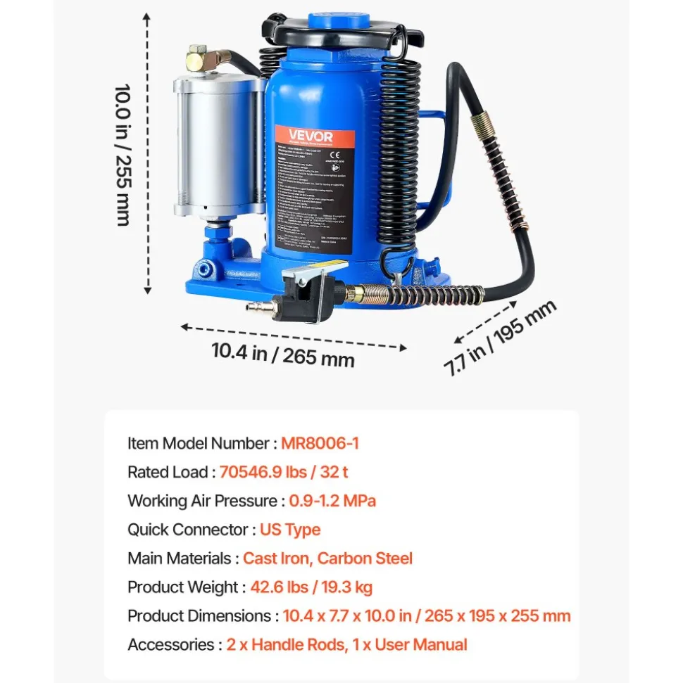 VEVOR Air Hydraulic Bottle Jack, 32 Ton (70546.9 lbs) Capacity, 10-16.3 Inch Lifting Range, Pneumatic/Manual Heavy Duty Welded Bottle Jack with Pump for Car, SUV, Pickup, Truck, RV, Auto Repair, Blue