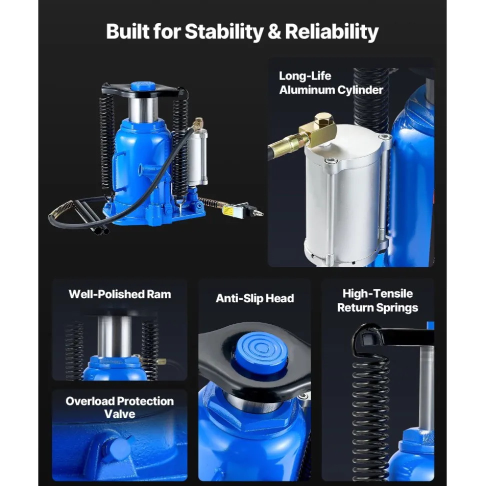 VEVOR Air Hydraulic Bottle Jack, 32 Ton (70546.9 lbs) Capacity, 10-16.3 Inch Lifting Range, Pneumatic/Manual Heavy Duty Welded Bottle Jack with Pump for Car, SUV, Pickup, Truck, RV, Auto Repair, Blue