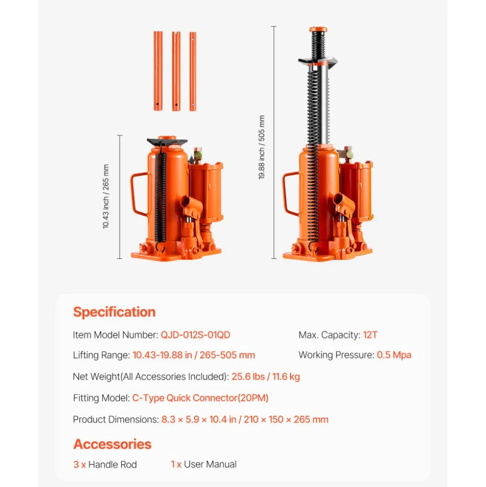 VEVOR Air Hydraulic Bottle Jack, 12 Ton/26455 lbs Pneumatic Hydraulic Bottle Jack with 10.43''-19.88'' Lifting Range & Manual Hand Pump, for Pickup, Truck, RV, Auto Repair, Industrial Engineering