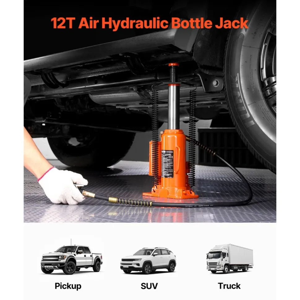 VEVOR Air Hydraulic Bottle Jack, 12 Ton/26455 lbs Pneumatic Hydraulic Bottle Jack with 10.43''-19.88'' Lifting Range & Manual Hand Pump, for Pickup, Truck, RV, Auto Repair, Industrial Engineering