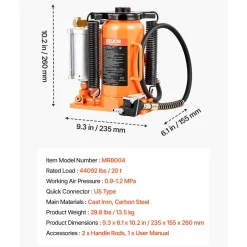 VEVOR Air Hydraulic Bottle Jack, 20 Ton (44092 lbs) Capacity, 10.2-19.5 Inch Lifting Range, Pneumatic/Manual Heavy Duty Welded Bottle Jack with Pump for Car, SUV, Pickup, Truck, RV Auto Repair, Orange