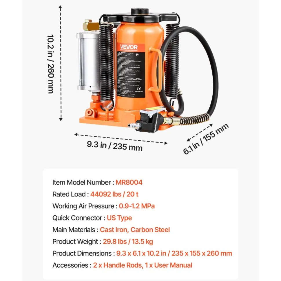 VEVOR Air Hydraulic Bottle Jack, 20 Ton (44092 lbs) Capacity, 10.2-19.5 Inch Lifting Range, Pneumatic/Manual Heavy Duty Welded Bottle Jack with Pump for Car, SUV, Pickup, Truck, RV Auto Repair, Orange