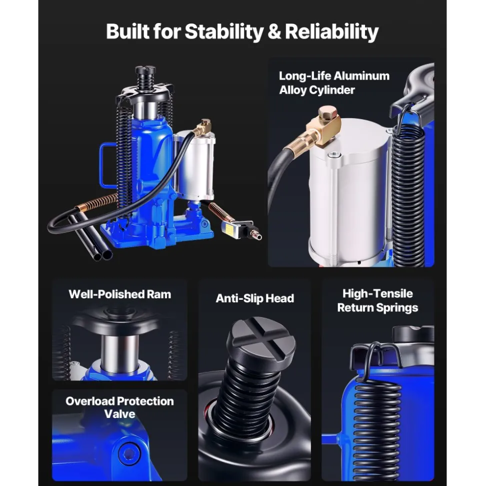 VEVOR Air Hydraulic Bottle Jack, 20 Ton (44092 lbs) Capacity, 10.2-19.5 Inch Lifting Range, Pneumatic/Manual Heavy Duty Welded Bottle Jack with Pump for Car, SUV, Pickup, Truck, RV, Auto Repair, Blue
