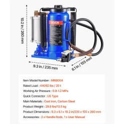 VEVOR Air Hydraulic Bottle Jack, 20 Ton (44092 lbs) Capacity, 10.2-19.5 Inch Lifting Range, Pneumatic/Manual Heavy Duty Welded Bottle Jack with Pump for Car, SUV, Pickup, Truck, RV, Auto Repair, Blue