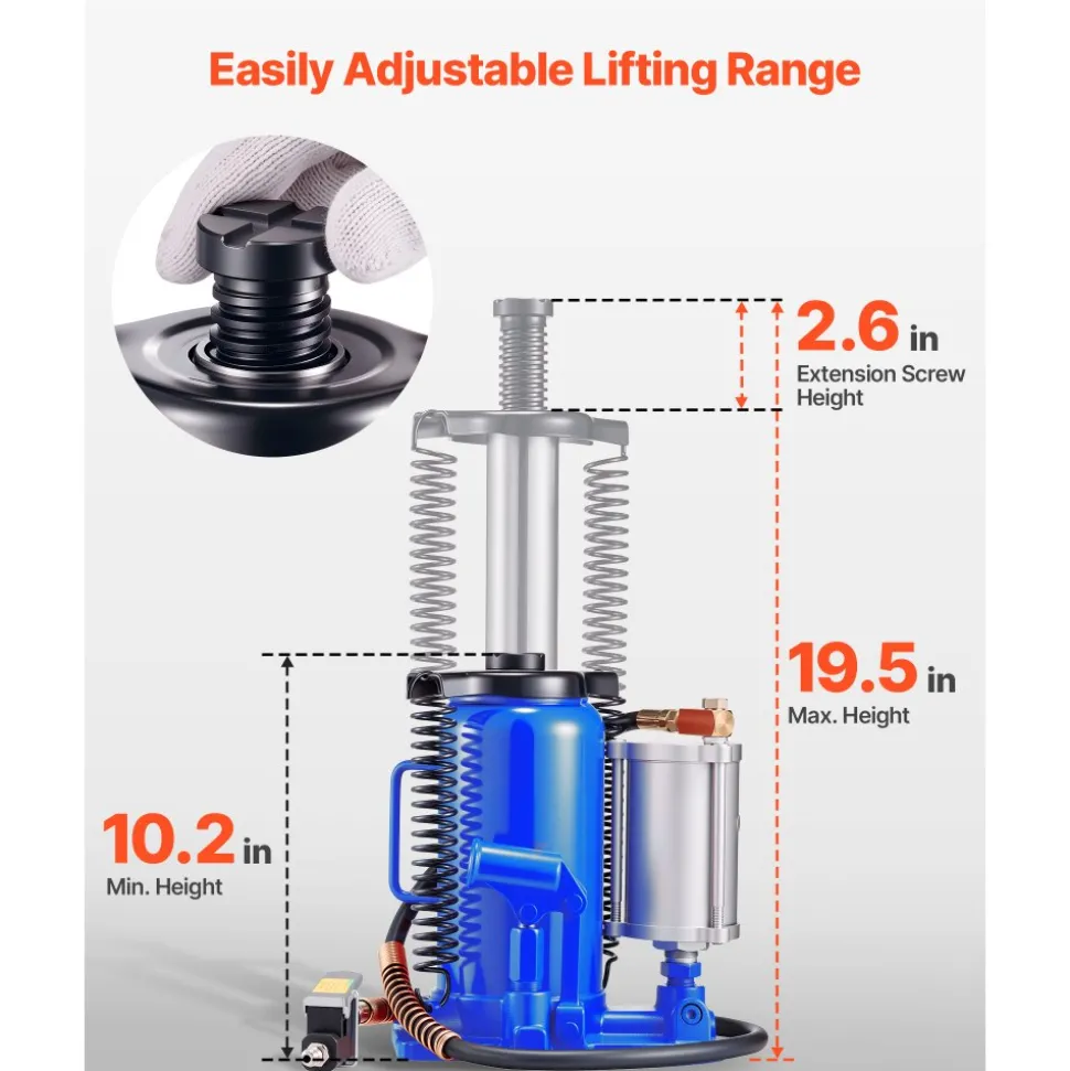 VEVOR Air Hydraulic Bottle Jack, 20 Ton (44092 lbs) Capacity, 10.2-19.5 Inch Lifting Range, Pneumatic/Manual Heavy Duty Welded Bottle Jack with Pump for Car, SUV, Pickup, Truck, RV, Auto Repair, Blue