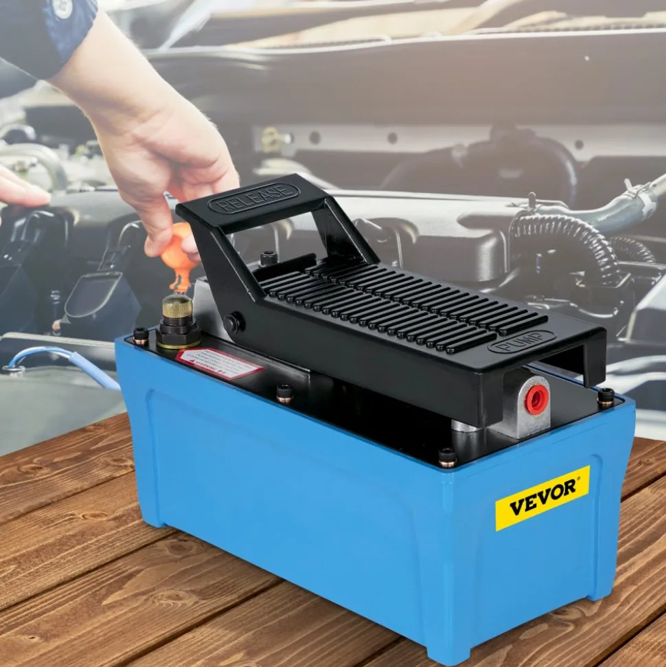 VEVOR Air Hydraulic Pump 10000 PSI Air Over Hydraulic Pump 1/2 Gal Reservoir Air Treadle Foot Actuated Hydraulic Pump 3/8" NPT with 6.56 ft Hose 2 Connector Single Acting for Car Repair (Blue)