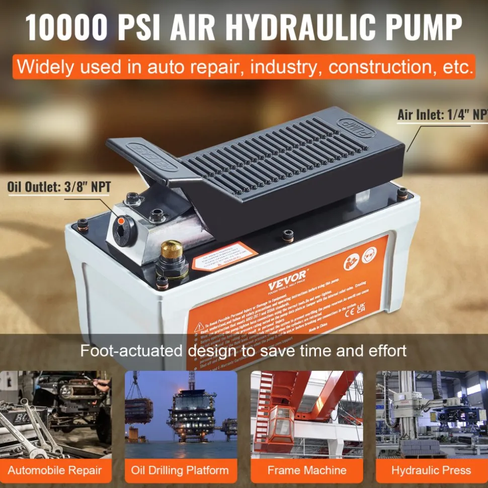 VEVOR Air Hydraulic Pump, 10,000 PSI 1/2 Gal Reservoir, NPT 3/8" Oil Outlet, NPT 1/4" Inlet, 6.6 ft Pipe, Foot Actuated Hydraulic Pump Air Treadle for Auto Body Frame Machines and Pulling Post, Gray