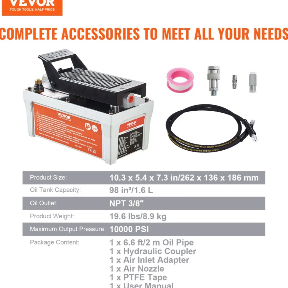 VEVOR Air Hydraulic Pump, 10,000 PSI 1/2 Gal Reservoir, NPT 3/8" Oil Outlet, NPT 1/4" Inlet, 6.6 ft Pipe, Foot Actuated Hydraulic Pump Air Treadle for Auto Body Frame Machines and Pulling Post, Gray
