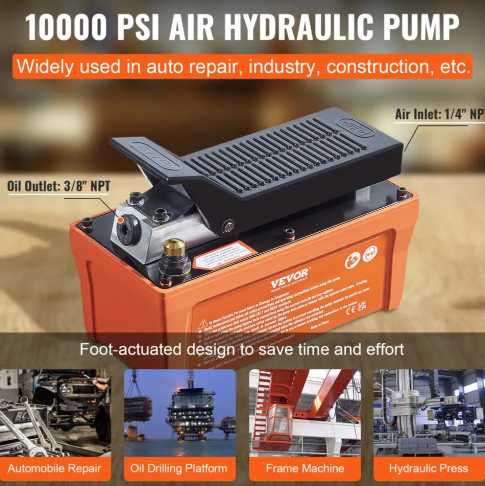 VEVOR Air Hydraulic Pump, 10,000 PSI 1/2 Gal Reservoir, NPT 3/8" Oil Outlet, NPT 1/4" Inlet, 6.6 ft Pipe, Foot Actuated Hydraulic Pump Air Treadle for Auto Body Frame Machines and Pulling Post, Orange