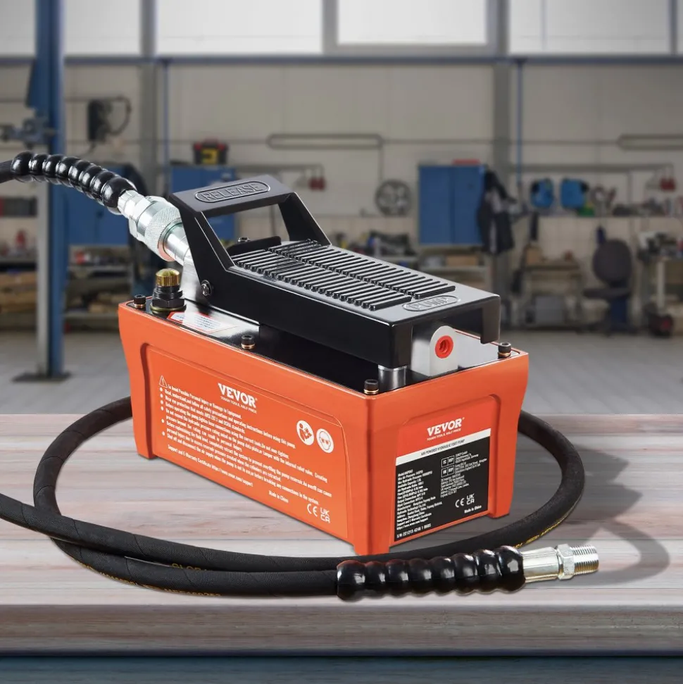 VEVOR Air Hydraulic Pump, 10,000 PSI 1/2 Gal Reservoir, NPT 3/8" Oil Outlet, NPT 1/4" Inlet, 6.6 ft Pipe, Foot Actuated Hydraulic Pump Air Treadle for Auto Body Frame Machines and Pulling Post, Orange