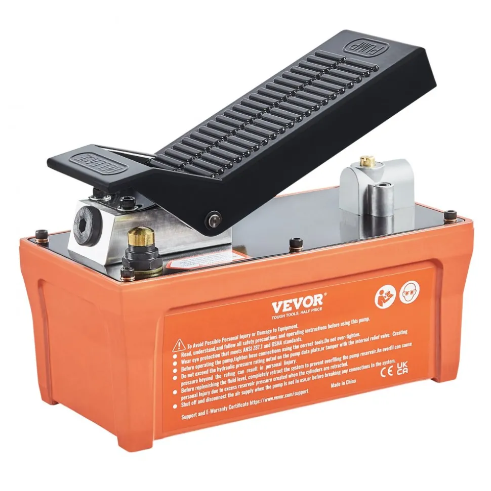 VEVOR Air Hydraulic Pump, 10,000 PSI 1/2 Gal Reservoir, NPT 3/8" Oil Outlet, NPT 1/4" Inlet, 6.6 ft Pipe, Foot Actuated Hydraulic Pump Air Treadle for Auto Body Frame Machines and Pulling Post, Orange