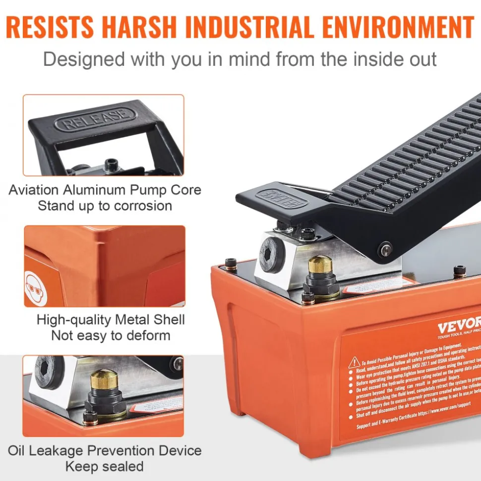 VEVOR Air Hydraulic Pump, 10,000 PSI 1/2 Gal Reservoir, NPT 3/8" Oil Outlet, NPT 1/4" Inlet, 6.6 ft Pipe, Foot Actuated Hydraulic Pump Air Treadle for Auto Body Frame Machines and Pulling Post, Orange