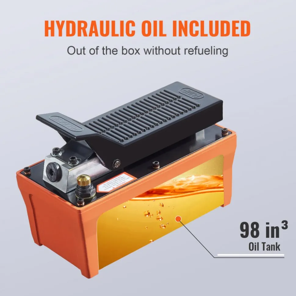 VEVOR Air Hydraulic Pump, 10,000 PSI 1/2 Gal Reservoir, NPT 3/8" Oil Outlet, NPT 1/4" Inlet, 6.6 ft Pipe, Foot Actuated Hydraulic Pump Air Treadle for Auto Body Frame Machines and Pulling Post, Orange