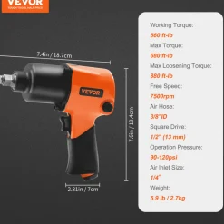 VEVOR Air Impact Wrench, 1/2" Drive Air Impact Gun Up to 880ft-lbs Nut-busting Torque, 7500RPM Lightweight Pneumatic Tool for Auto Repairs and Maintenance