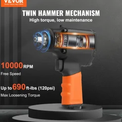 VEVOR Air Impact Wrench, 3/8-Inch Drive Air Impact Gun, Up to 690ft-lbs Nut-busting Torque, Lightweight Pneumatic Impact Wrench for Auto Repairs and Maintenance